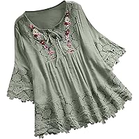 トップス MURRAL Everlasting embroidery laceblouse Lace Trim Floral Embroidery Blouse: Womens Casual V-Neck 3/4